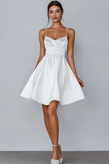 White A Line Spaghetti Straps Satin Short Graduation Dress